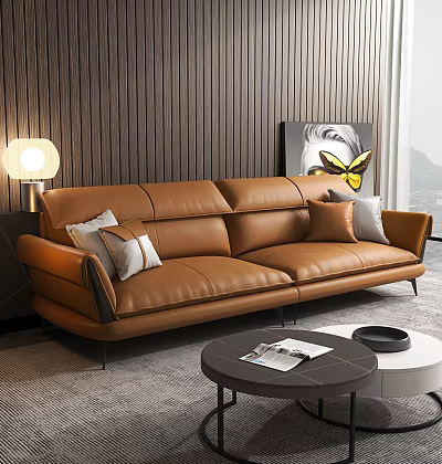 Modern Brown Leather Three Seater Sofa With Floor Lamp Wall Painting And Coffee Table 3d model