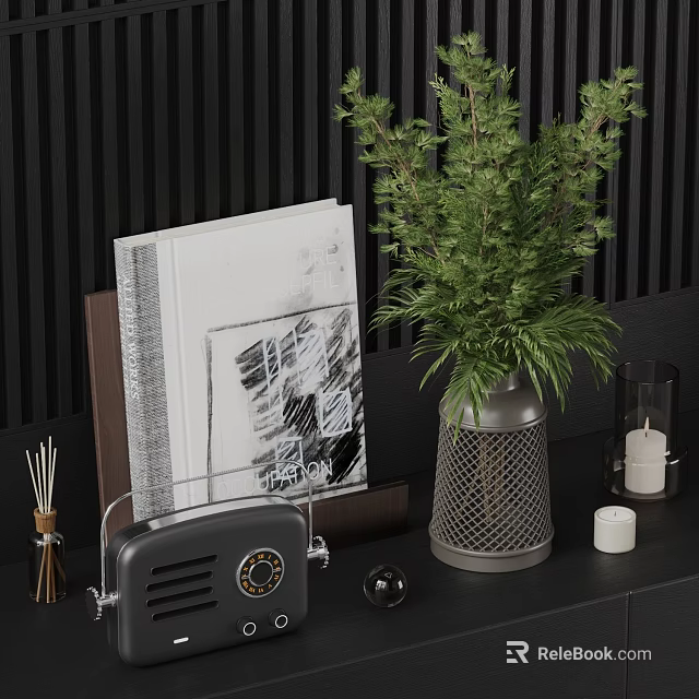 Modern Decorative Ornament Set With Green Plant Metal Vase Books Artwork Aromatherapy Sticks And Candles 3d model 