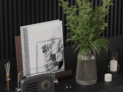 Modern Decorative Ornament Set With Green Plant Metal Vase Books Artwork Aromatherapy Sticks And Candles 3d model