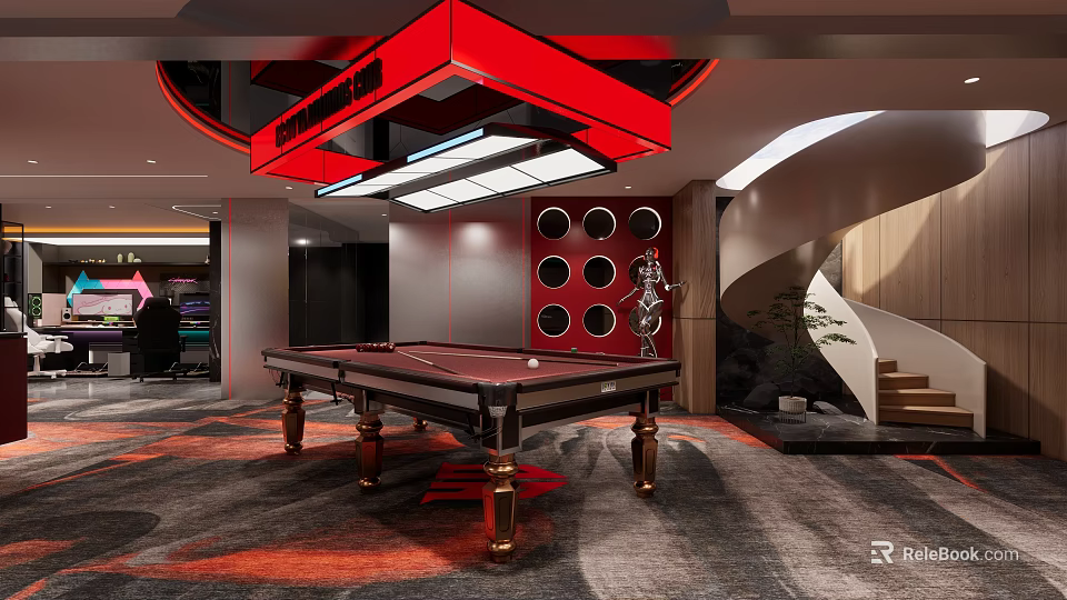 Modern Entertainment Room Interior With Pool Table Red Decor And Sculpture 3d model 