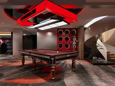 Modern Entertainment Room Interior With Pool Table Red Decor And Sculpture 3d model