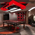 Modern Entertainment Room Interior With Pool Table Red Decor And Sculpture
