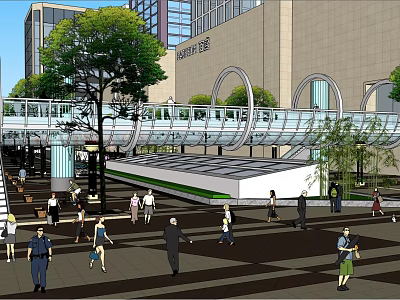 Bustling Urban Commercial Street With Pedestrians Modern Buildings Pedestrian Bridge And Trees 3d model