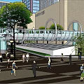 Bustling Urban Commercial Street With Pedestrians Modern Buildings Pedestrian Bridge And Trees