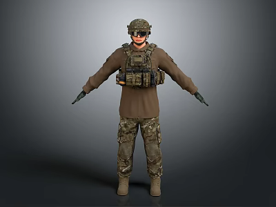 Man in Military Uniform Wearing Helmet Tactical Vest Camouflage Pants Sunglasses Arms Outstretched 3d model