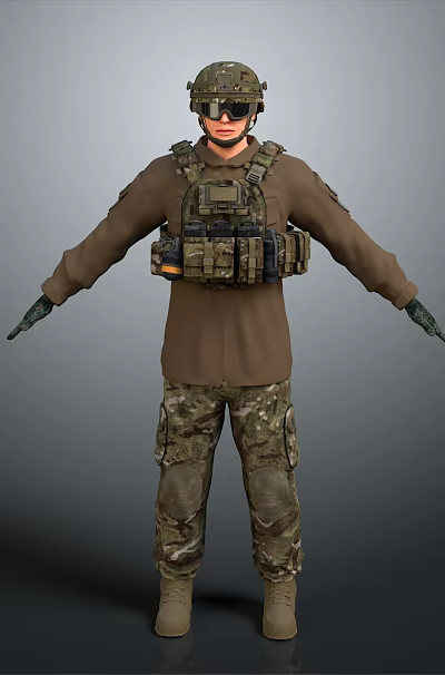 Man in Military Uniform Wearing Helmet Tactical Vest Camouflage Pants Sunglasses Arms Outstretched 3d model