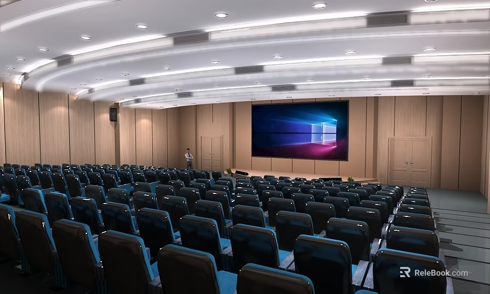 Large Conference Room Interior With Black Seats Large Screen Windows Logo And Wooden Walls 3d model 