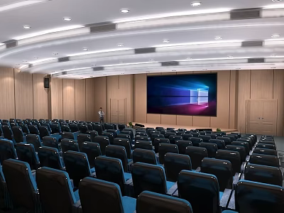 Large Conference Room Interior With Black Seats Large Screen Windows Logo And Wooden Walls 3d model