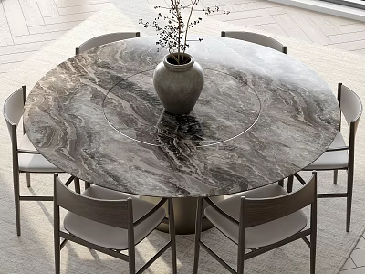 Modern Round Marble Top Dining Table with Six Chairs and Vase in Bright Room 3d model