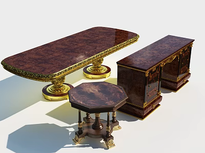 Luxury Wooden Desk With Golden Base And Matching Side Table Cabinet 3d model