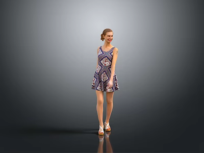Fashionable Woman In Patterned Dress Standing Gracefully With Heels Against Grey Background 3d model