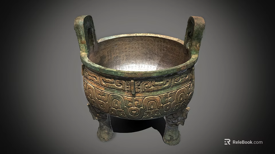 Traditional Ceramic Vessel With Two Handles Three Legs And Intricate Patterns 3d model 