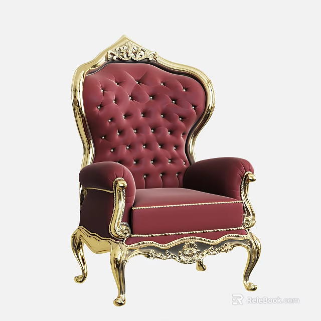Red Tufted Single Sofa With Gold Ornate Carvings And Velvet Upholstery 3d model 