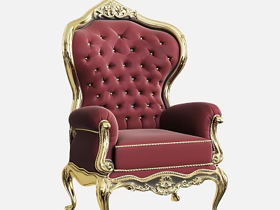Red Tufted Single Sofa With Gold Ornate Carvings And Velvet Upholstery 3d model