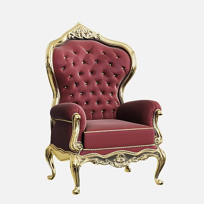 Red Tufted Single Sofa With Gold Ornate Carvings And Velvet Upholstery 3d model