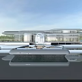 Elegant Modern Sales Office Building With Water Pool Reflection And Circular Glass Curtain Wall