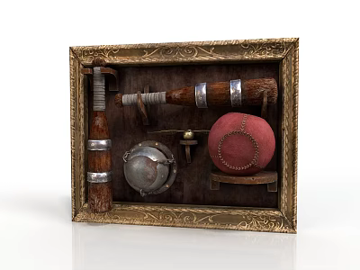Vintage Ornate Golden Frame With Hammer Metal Shield And Red Velvet Object 3d model