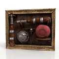 Vintage Ornate Golden Frame With Hammer Metal Shield And Red Velvet Object