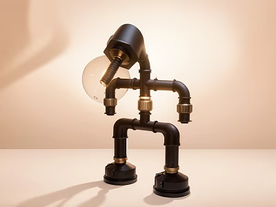 Black and Gold Table Lamp with Industrial Pipe Design and Transparent Lampshade 3d model