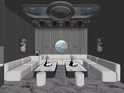 Modern KTV Room Interior With White Sofas Marble Coffee Tables Round Mirror And Paintings 3d model