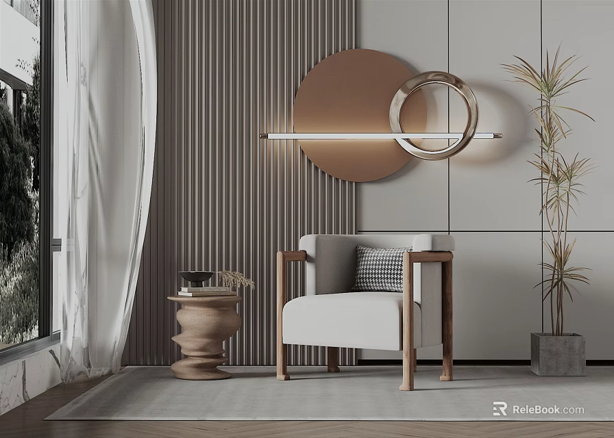 Modern Living Room Single Sofa With Wooden Frame Round Decorative Mirror And Potted Plant 3d model 