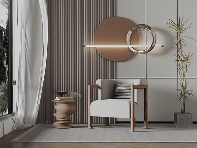 Modern Living Room Single Sofa With Wooden Frame Round Decorative Mirror And Potted Plant 3d model