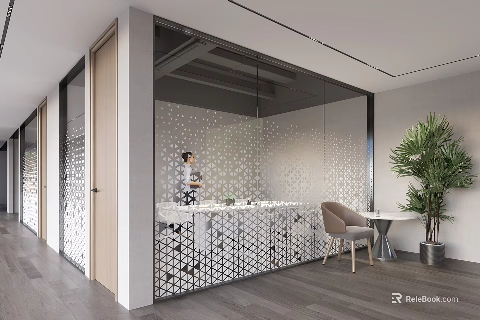 Modern Reception Desk with Glass Partition Geometric Pattern Green Plant and Wooden Floor 3d model 