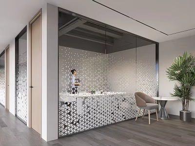 Modern Reception Desk with Glass Partition Geometric Pattern Green Plant and Wooden Floor 3d model