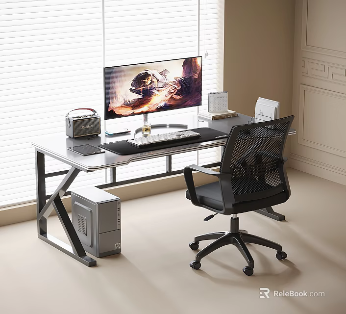 Modern Metal Frame Desk Chair Set With Mesh Office Chair Computer Monitor Setup By Window 3d model 