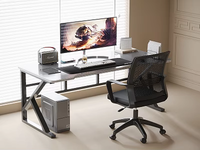 Modern Metal Frame Desk Chair Set With Mesh Office Chair Computer Monitor Setup By Window 3d model