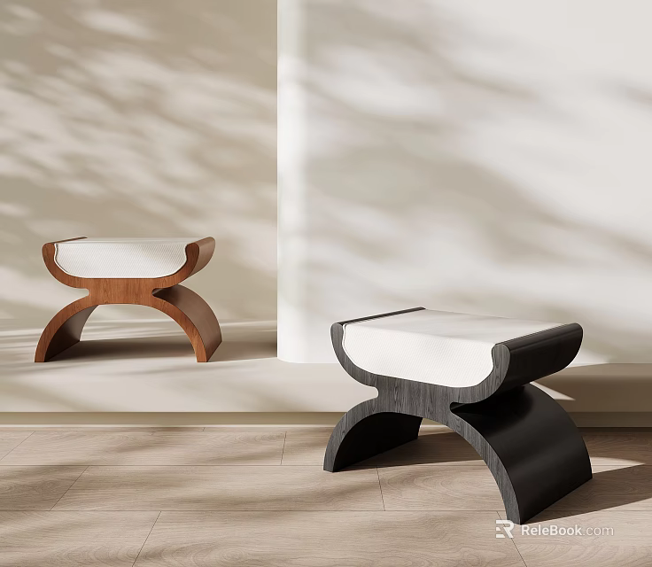 Modern Wooden Stools With Brown Black Frames And White Cushioned Seats 3d model