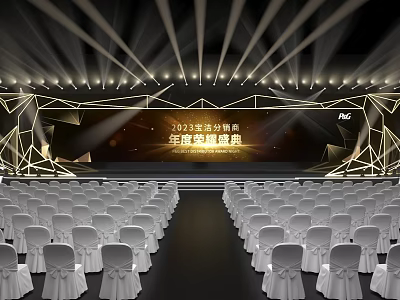 Grand Annual Ceremony Venue With Stage Lights And White Chairs 3d model