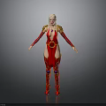 Blonde Woman In Red Outfit With Golden Decorations Detailed Character Model On Gray Background