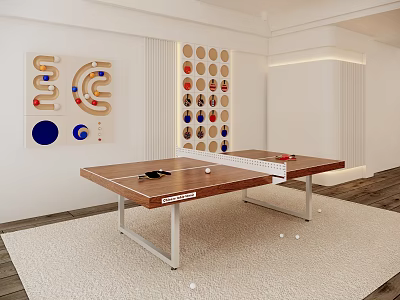 Modern Ping Pong Table In Indoor Room With Decorative Wall Art And Carpeted Floor 3d model