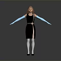 Woman Wearing Black Dress Blue Long Gloves White Socks And Black Shoes On Gray Background