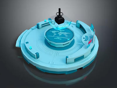 Cartoon Scene Featuring Blue Circular Platform With Transparent Dome Glowing Buttons And Earth Design 3d model