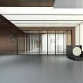 Spacious Modern Office Corridor Interior With Glass Doors Ceiling Lighting And Gray Flooring 3d model