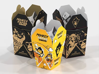 Vibrant Takeout Food Boxes for Monkey Park with Cartoon Monkey Designs and Yellow Black Colors 3d model