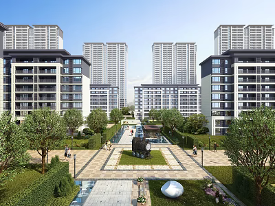 Modern Residential Area Landscape With Apartments Greenery Pathways And Sculptures 3d model