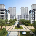 Modern Residential Area Landscape With Apartments Greenery Pathways And Sculptures