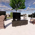 Wooden Panel With Geometric Patterns Black Metal Stands Sky Clouds And Green Plants
