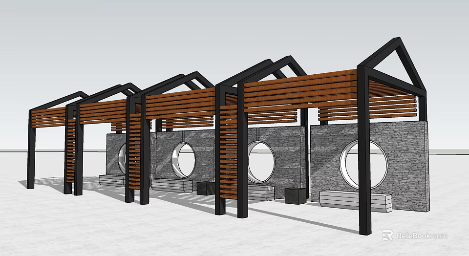 Continuous Pergola Structure With Black Frame Wooden Beams Gray Walls And Circular Windows 3d model 