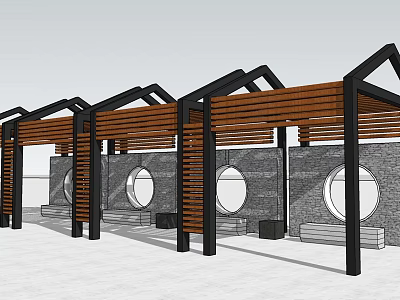 Continuous Pergola Structure With Black Frame Wooden Beams Gray Walls And Circular Windows 3d model
