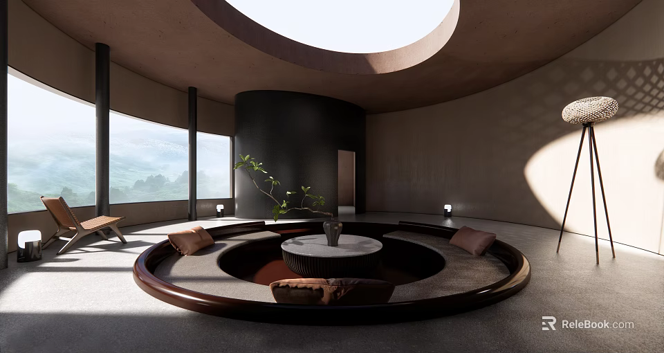Minimalist Reception Room Interior Design With Circular Sofa Large Windows Natural Light And Green Plants 3d model 