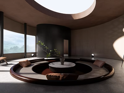 Minimalist Reception Room Interior Design With Circular Sofa Large Windows Natural Light And Green Plants 3d model