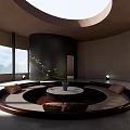 Minimalist Reception Room Interior Design With Circular Sofa Large Windows Natural Light And Green Plants