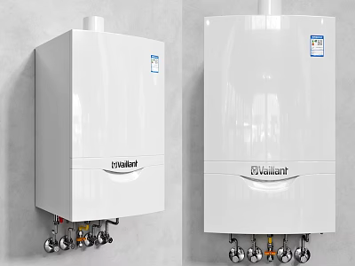 Vaillant White Wall Mounted Water Heaters Front And Side View With Pipes 3d model