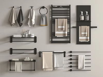 Modern Minimalist Bathroom Accessories With Black Towel Racks Shelves Hooks And Beige Towels 3d model
