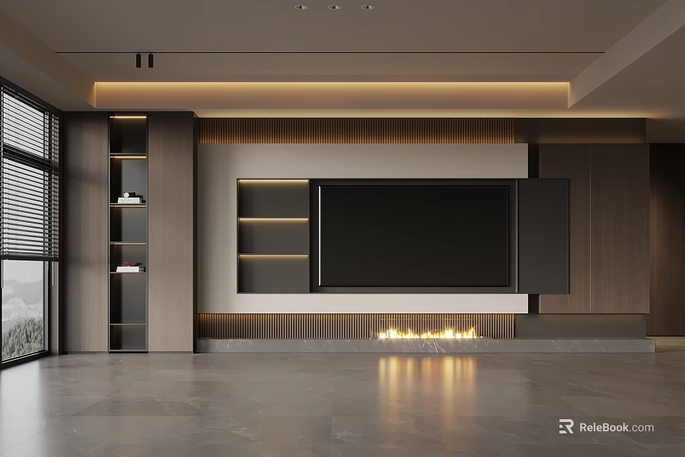 Modern TV Wall Design with Wooden Accents LED Lighting Fireplace and Open Shelf Units 3d model 
