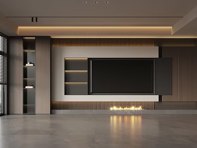 Modern TV Wall Design with Wooden Accents LED Lighting Fireplace and Open Shelf Units 3d model
